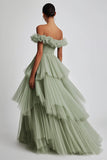 Dusty Sage Ball Gown Tulle Tiered Long Formal Dress with Ruffles