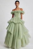 Dusty Sage Ball Gown Tulle Tiered Long Formal Dress with Ruffles