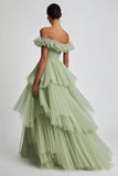 Dusty Sage Ball Gown Tulle Tiered Long Formal Dress with Ruffles