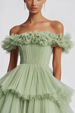 Dusty Sage Ball Gown Tulle Tiered Long Formal Dress with Ruffles