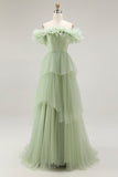 Dusty Sage Ball Gown Tulle Tiered Long Formal Dress with Ruffles