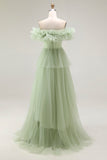 Dusty Sage Ball Gown Tulle Tiered Long Formal Dress with Ruffles