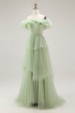 Dusty Sage Ball Gown Tiered Tulle Long Formal Dress with Ruffles