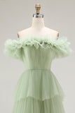Dusty Sage Ball Gown Tiered Tulle Long Formal Dress with Ruffles
