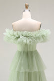 Dusty Sage Ball Gown Tiered Tulle Long Formal Dress with Ruffles