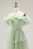 Dusty Sage Ball Gown Tiered Tulle Long Formal Dress with Ruffles