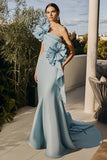 Sky Blue Sheath One Shoulder Long Formal Dress with 3D Flowers