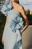 Sky Blue Sheath One Shoulder Long Formal Dress with 3D Flowers