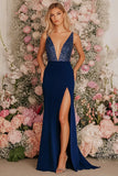 Glitter Dark Blue V-Neck Sheath Chiffon Long Formal Dress with Slit