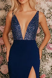 Glitter Dark Blue V-Neck Sheath Chiffon Long Formal Dress with Slit