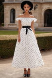 Black White A Line Off the Shoulder Long Formal Dress with Polka Dots