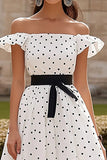 Black White A Line Off the Shoulder Long Formal Dress with Polka Dots