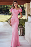 Satin Sheath Pink One Shoulder Long Formal Dress with Ruffles