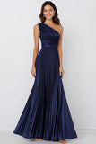Navy Satin A Line Pleated One Shoulder Ruched Maxi Formal Dress