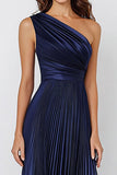 Navy Satin A Line Pleated One Shoulder Ruched Maxi Formal Dress