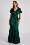 Dark Green Sheath V-Neck Satin Maxi Formal Dress with Bowknot
