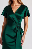 Dark Green Sheath V-Neck Satin Maxi Formal Dress with Bowknot