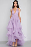 Lilac Tulle Deep V Neck A Line Ruffled Long Formal Dress