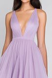 Lilac Tulle Deep V Neck A Line Ruffled Long Formal Dress