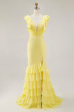 Mermaid Maxi Yellow V Neck Ruffled Formal Dress with Slit