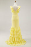 Mermaid Maxi Yellow V Neck Ruffled Formal Dress with Slit
