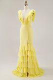 Mermaid Maxi Yellow V Neck Ruffled Formal Dress with Slit