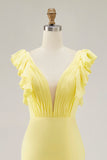 Mermaid Maxi Yellow V Neck Ruffled Formal Dress with Slit