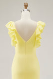 Mermaid Maxi Yellow V Neck Ruffled Formal Dress with Slit