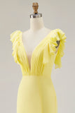Mermaid Maxi Yellow V Neck Ruffled Formal Dress with Slit