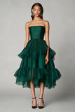 Dark Green A Line Tulle Strapless Ruched Tea Length Formal Dress with Ruffles