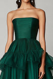 Dark Green A Line Tulle Strapless Ruched Tea Length Formal Dress with Ruffles