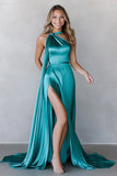 Peacock Blue A Line Satin Watteau Train Long Formal Dress with Slit