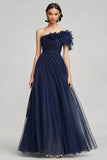 Navy Tulle A Line One Shoulder Pleated Long Formal Dress with Ruffles
