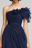 Navy Tulle A Line One Shoulder Pleated Long Formal Dress with Ruffles