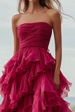 Fuchsia Tulle Strapless A Line Ruffled Long Formal Dress with Slit