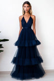 Tiered V-Neck Navy Tulle A Line Long Formal Dress
