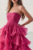 Fuchsia Strapless Ruched Tulle A Line Long Formal Dress with Ruffles