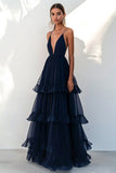 Spaghetti Straps V Neck Navy Tulle Tiered Long Formal Dress