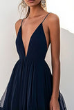 Spaghetti Straps V Neck Navy Tulle Tiered Long Formal Dress