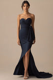 Navy Mermaid Strapless Sweetheart Long Formal Dress with Slit