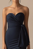 Navy Mermaid Strapless Sweetheart Long Formal Dress with Slit