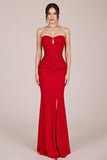 Red Strapless Keyhole Sheath Maxi Formal Dress with Slit
