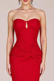 Red Strapless Keyhole Sheath Maxi Formal Dress with Slit