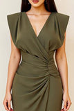 Olive V-Neck Ruched Sheath Tea Length Formal Dress