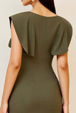 Olive V-Neck Ruched Sheath Tea Length Formal Dress
