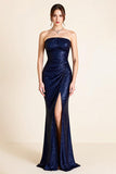 Sparkly Navy Sequined Sheath Strapless Long Formal Dress with Slit
