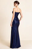 Sparkly Navy Sequined Sheath Strapless Long Formal Dress with Slit