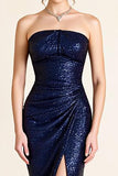Sparkly Navy Sequined Sheath Strapless Long Formal Dress with Slit