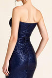 Sparkly Navy Sequined Sheath Strapless Long Formal Dress with Slit