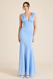 Sky Blue Sheath V Neck Long Formal Dress with 3D Flowers
